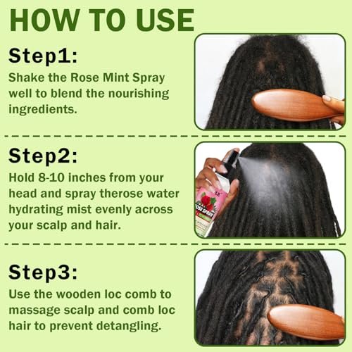 Rose Water for Hair Loc Spray Refreshing for Locs - Rose Water Hair Scalp Moisturizer Hydrating Dreadlock Rosewater & Peppermint Spray - Loc Brush for Dreads Comfortable Massage Wide Tooth Comb (2PCS) - görsel 12