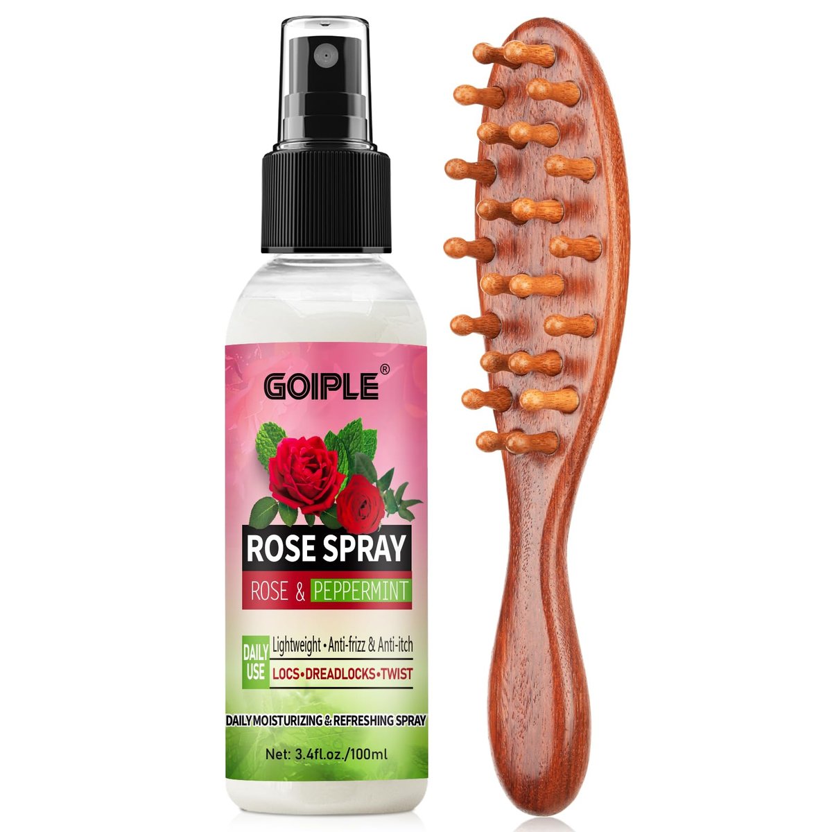 Rose Water for Hair Loc Spray Refreshing for Locs - Rose Water Hair Scalp Moisturizer Hydrating Dreadlock Rosewater & Peppermint Spray - Loc Brush for Dreads Comfortable Massage Wide Tooth Comb (2PCS) - görsel 1