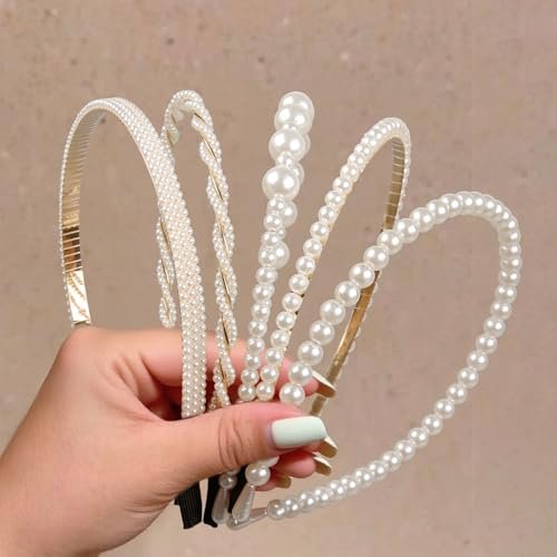 WOVOWOVO 5 Pack Pearl Headbands for Women – Non-Slip White Pearl Hairbands, Fashion Bridal Headband for Wedding & Party, Pearls Hair Accessories for Girls - görsel 2