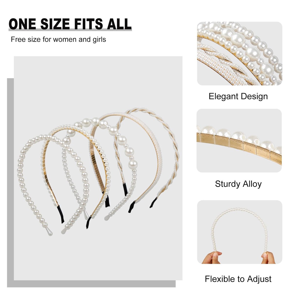 WOVOWOVO 5 Pack Pearl Headbands for Women – Non-Slip White Pearl Hairbands, Fashion Bridal Headband for Wedding & Party, Pearls Hair Accessories for Girls - görsel 3
