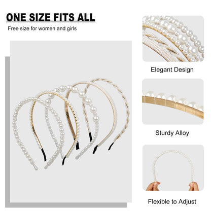 WOVOWOVO 5 Pack Pearl Headbands for Women – Non-Slip White Pearl Hairbands, Fashion Bridal Headband for Wedding & Party, Pearls Hair Accessories for Girls