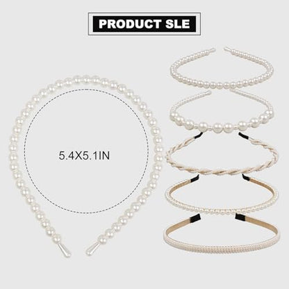 WOVOWOVO 5 Pack Pearl Headbands for Women – Non-Slip White Pearl Hairbands, Fashion Bridal Headband for Wedding & Party, Pearls Hair Accessories for Girls