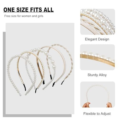 WOVOWOVO 5 Pack Pearl Headbands for Women – Non-Slip White Pearl Hairbands, Fashion Bridal Headband for Wedding & Party, Pearls Hair Accessories for Girls