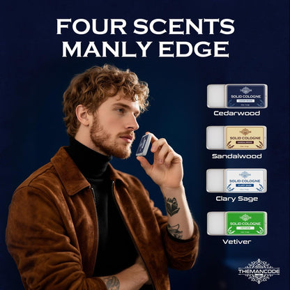 THEMANCODE Solid Cologne for Men - 4 Pack Sandalwood, Vetiver, Cedarwood, Sage - Long-Lasting Solid Perfume Gifts