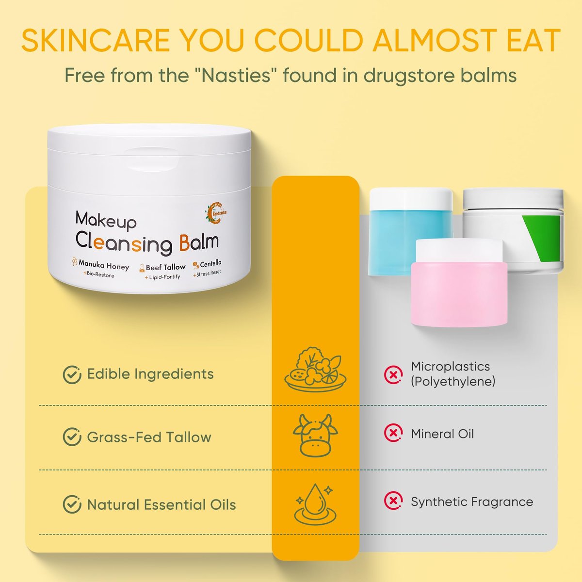 Grocerism Cleansing Balm Makeup Remover - Manuka Honey & Grass-Fed Tallow with Soothing Cica - Melts Waterproof Mascara & SPF - Non-Comedogenic for Sensitive Dry Skin & Eyes - 3.53 oz Avelisse