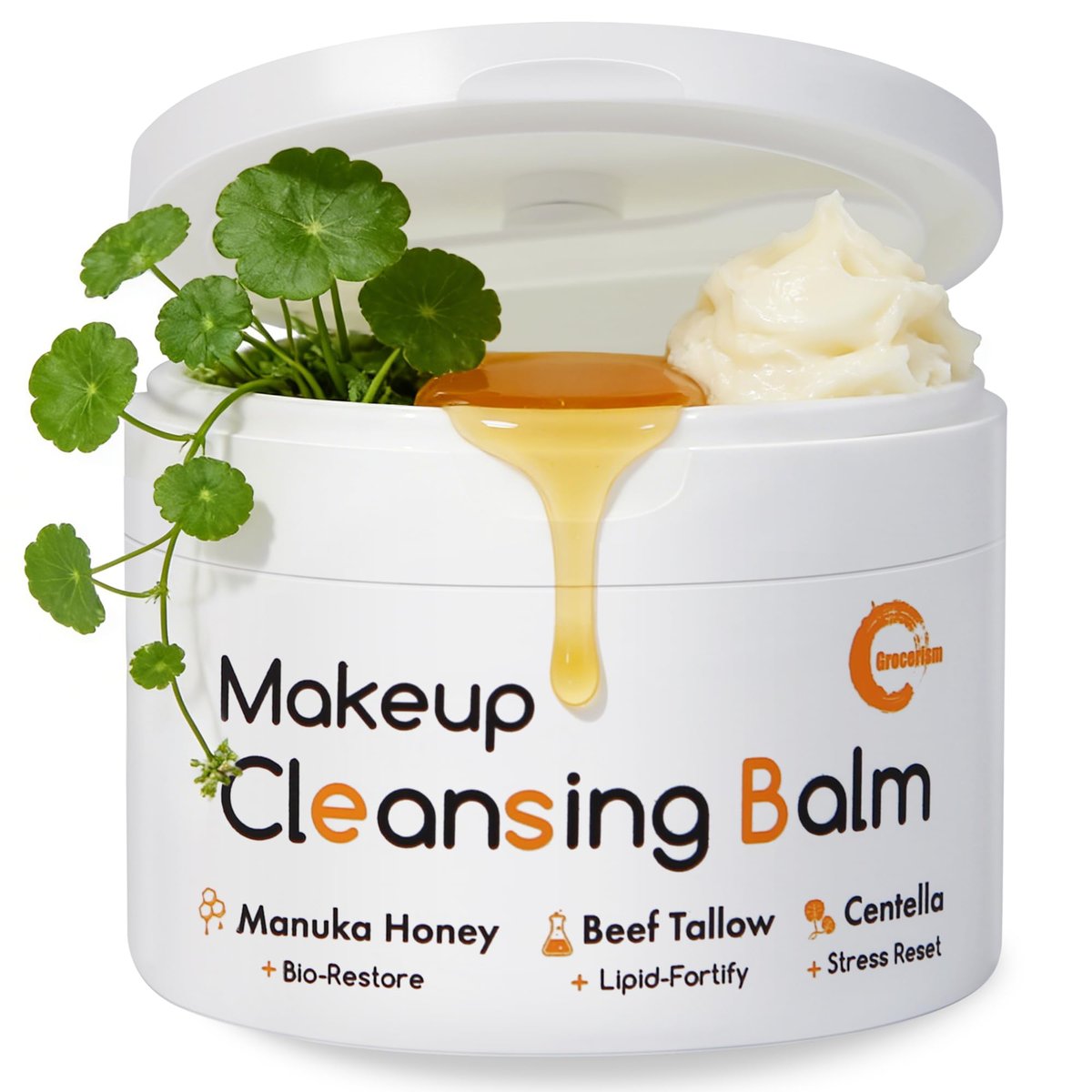 Grocerism Cleansing Balm Makeup Remover - Manuka Honey & Grass-Fed Tallow with Soothing Cica - Melts Waterproof Mascara & SPF - Non-Comedogenic for Sensitive Dry Skin & Eyes - 3.53 oz Avelisse