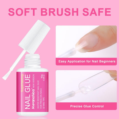 Mevanchica Super Strong Nail Glue – Extra Long Lasting Adhesive for Press On Nails, Nail Tips & Acrylic Fingernails with Brush Tip Applicator
