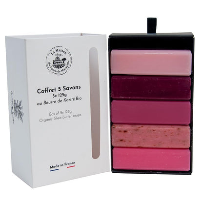 La Maison du Savon de Marseille - French Soaps - 5 x 125g Bars - Organic Shea Butter Skincare Gift Set - Blush Collection - Rose Petals, Cherry Blossom, Patchouli, Eglantine, Sandalwood
