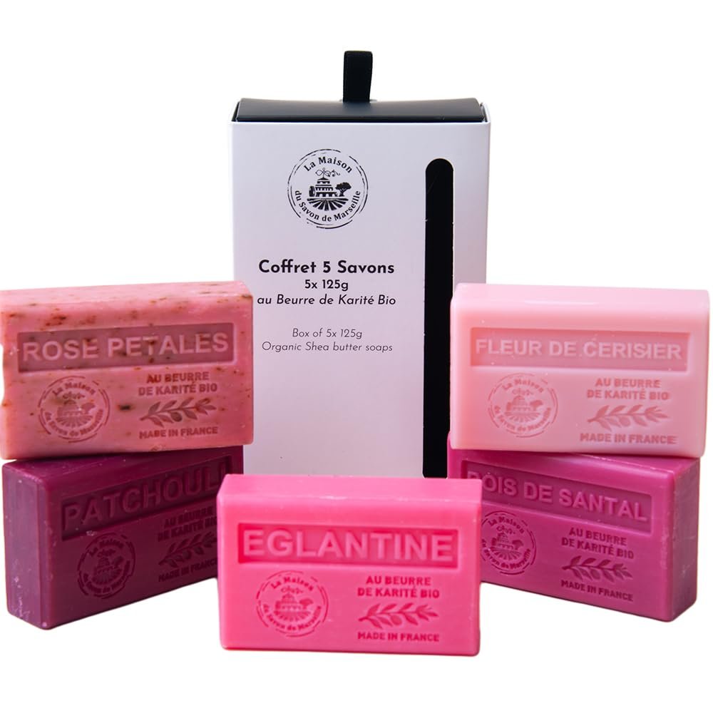 La Maison du Savon de Marseille - French Soaps - 5 x 125g Bars - Organic Shea Butter Skincare Gift Set - Blush Collection - Rose Petals, Cherry Blossom, Patchouli, Eglantine, Sandalwood - görsel 1