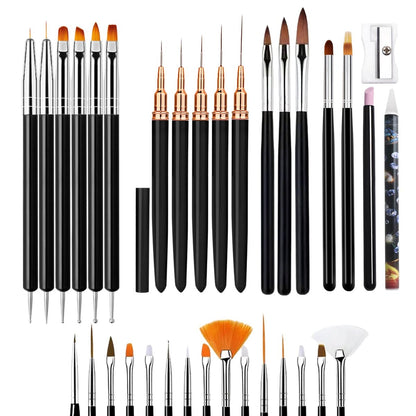 LIGHT RAIN 34Pcs Nail Art Brush Set - Complete Kit with Dotting Tool, Liner Brushes, Acrylic Brushes, Ombre Brush, Cuticle Tool, Rhinestone Picker Pencil for Beginner to Pro Nail Design
