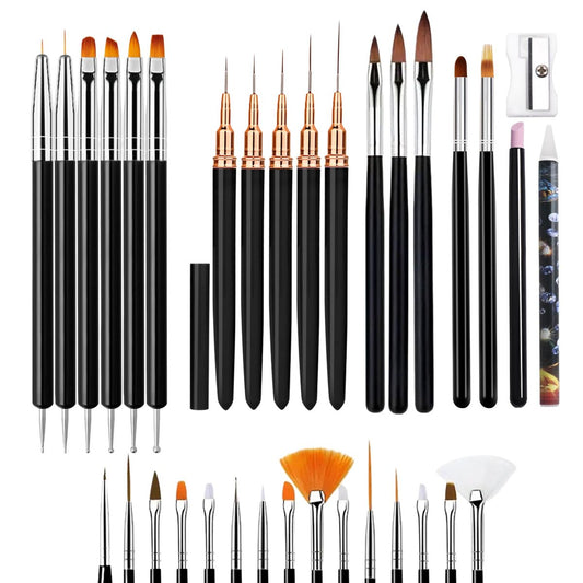 LIGHT RAIN 34Pcs Nail Art Brush Set - Complete Kit with Dotting Tool, Liner Brushes, Acrylic Brushes, Ombre Brush, Cuticle Tool, Rhinestone Picker Pencil for Beginner to Pro Nail Design