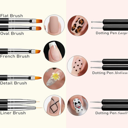 LIGHT RAIN 34Pcs Nail Art Brush Set - Complete Kit with Dotting Tool, Liner Brushes, Acrylic Brushes, Ombre Brush, Cuticle Tool, Rhinestone Picker Pencil for Beginner to Pro Nail Design
