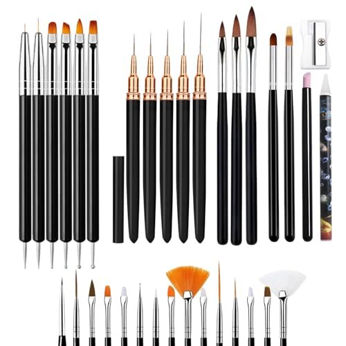 LIGHT RAIN 34Pcs Nail Art Brush Set - Complete Kit with Dotting Tool, Liner Brushes, Acrylic Brushes, Ombre Brush, Cuticle Tool, Rhinestone Picker Pencil for Beginner to Pro Nail Design - görsel 2