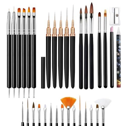 LIGHT RAIN 34Pcs Nail Art Brush Set - Complete Kit with Dotting Tool, Liner Brushes, Acrylic Brushes, Ombre Brush, Cuticle Tool, Rhinestone Picker Pencil for Beginner to Pro Nail Design