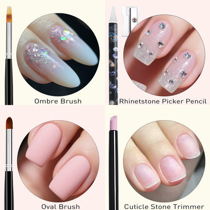 LIGHT RAIN 34Pcs Nail Art Brush Set - Complete Kit with Dotting Tool, Liner Brushes, Acrylic Brushes, Ombre Brush, Cuticle Tool, Rhinestone Picker Pencil for Beginner to Pro Nail Design