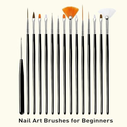LIGHT RAIN 34Pcs Nail Art Brush Set - Complete Kit with Dotting Tool, Liner Brushes, Acrylic Brushes, Ombre Brush, Cuticle Tool, Rhinestone Picker Pencil for Beginner to Pro Nail Design