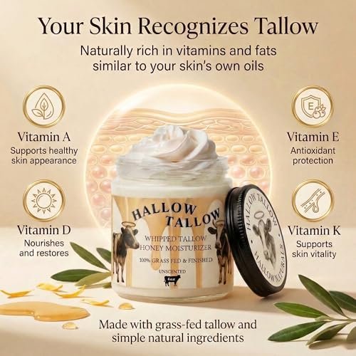 Hallow Tallow Whipped Beef Tallow Moisturizer – Grass-Fed Tallow Balm with Manuka Honey, Jojoba & Olive Oil, Calendula Extract – Natural Hydrating Face & Body Cream, 4oz Avelisse
