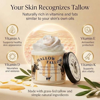 Hallow Tallow Whipped Beef Tallow Moisturizer – Grass-Fed Tallow Balm with Manuka Honey, Jojoba & Olive Oil, Calendula Extract – Natural Hydrating Face & Body Cream, 4oz Avelisse