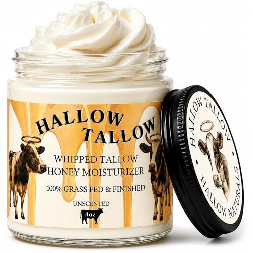 Hallow Tallow Whipped Beef Tallow Moisturizer – Grass-Fed Tallow Balm with Manuka Honey, Jojoba & Olive Oil, Calendula Extract – Natural Hydrating Face & Body Cream, 4oz Avelisse