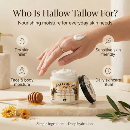 Hallow Tallow Whipped Beef Tallow Moisturizer – Grass-Fed Tallow Balm with Manuka Honey, Jojoba & Olive Oil, Calendula Extract – Natural Hydrating Face & Body Cream, 4oz Avelisse