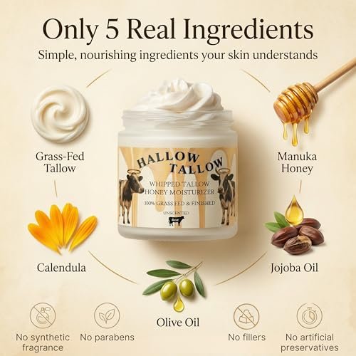 Hallow Tallow Whipped Beef Tallow Moisturizer – Grass-Fed Tallow Balm with Manuka Honey, Jojoba & Olive Oil, Calendula Extract – Natural Hydrating Face & Body Cream, 4oz Avelisse