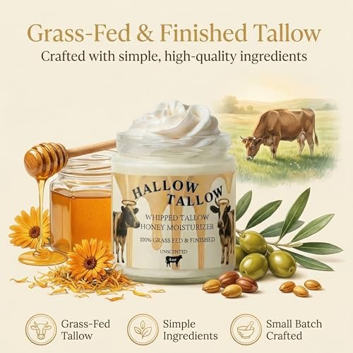 Hallow Tallow Whipped Beef Tallow Moisturizer – Grass-Fed Tallow Balm with Manuka Honey, Jojoba & Olive Oil, Calendula Extract – Natural Hydrating Face & Body Cream, 4oz Avelisse