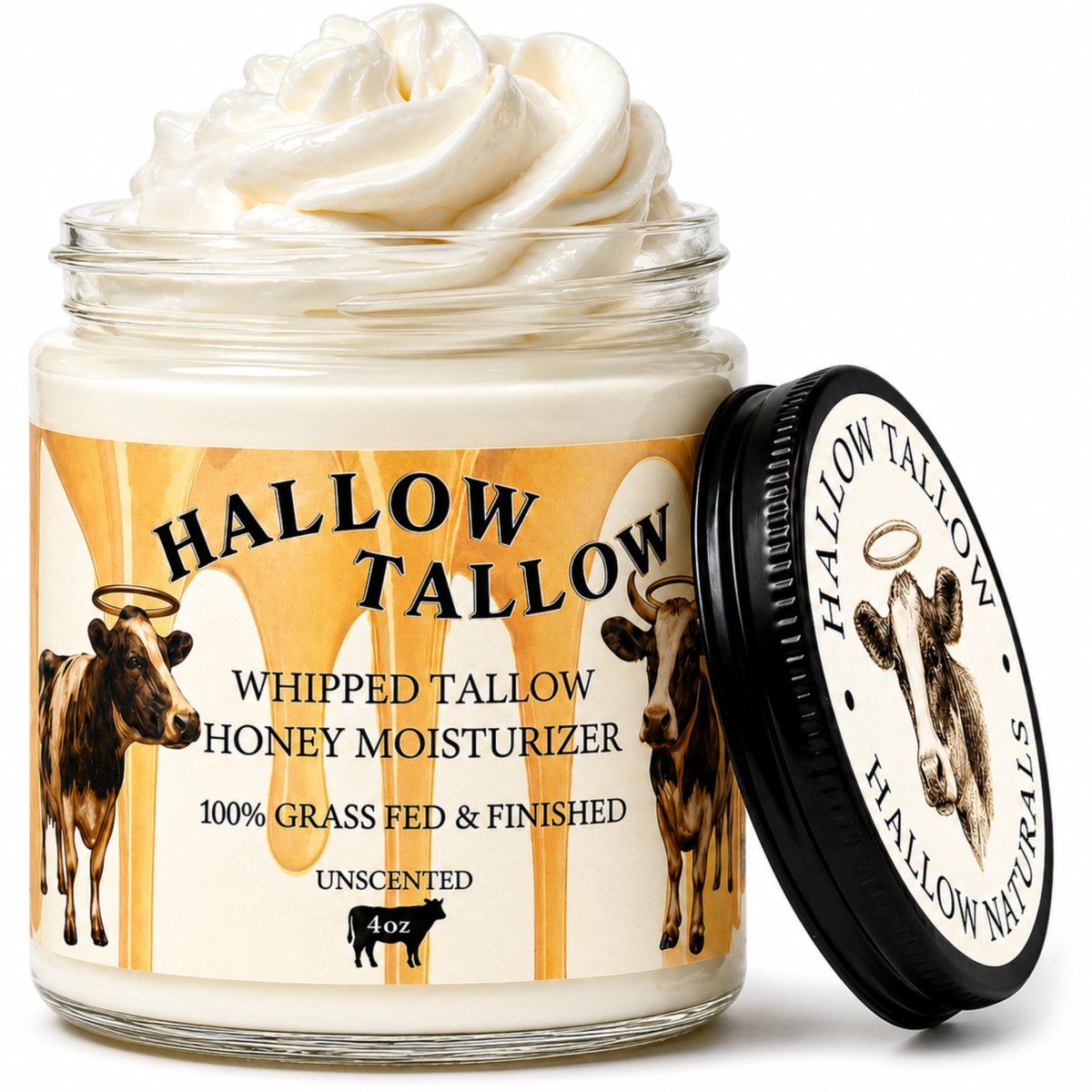 Hallow Tallow Whipped Beef Tallow Moisturizer – Grass-Fed Tallow Balm with Manuka Honey, Jojoba & Olive Oil, Calendula Extract – Natural Hydrating Face & Body Cream, 4oz Avelisse