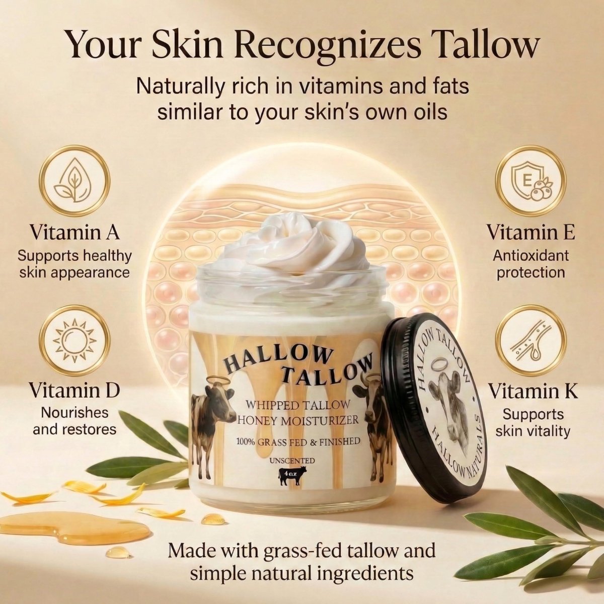 Hallow Tallow Whipped Beef Tallow Moisturizer – Grass-Fed Tallow Balm with Manuka Honey, Jojoba & Olive Oil, Calendula Extract – Natural Hydrating Face & Body Cream, 4oz Avelisse