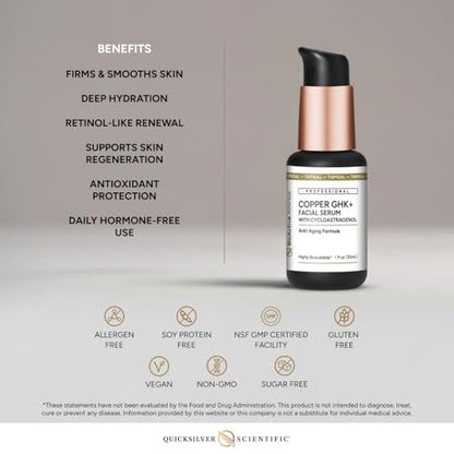 Quicksilver Scientific Copper GHK+ Facial Serum with Cycloastragenol – Copper Peptide Serum for Healthy Skin Support, Smooth Complexion & Glow – Gluten-Free, Vegan & Non-GMO – 1 fl oz Avelisse