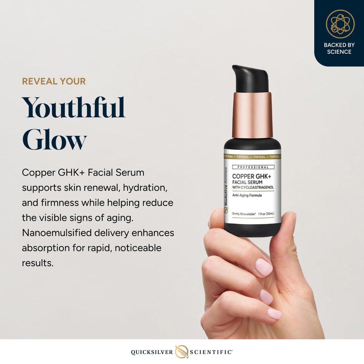 Quicksilver Scientific Copper GHK+ Facial Serum with Cycloastragenol – Copper Peptide Serum for Healthy Skin Support, Smooth Complexion & Glow – Gluten-Free, Vegan & Non-GMO – 1 fl oz Avelisse
