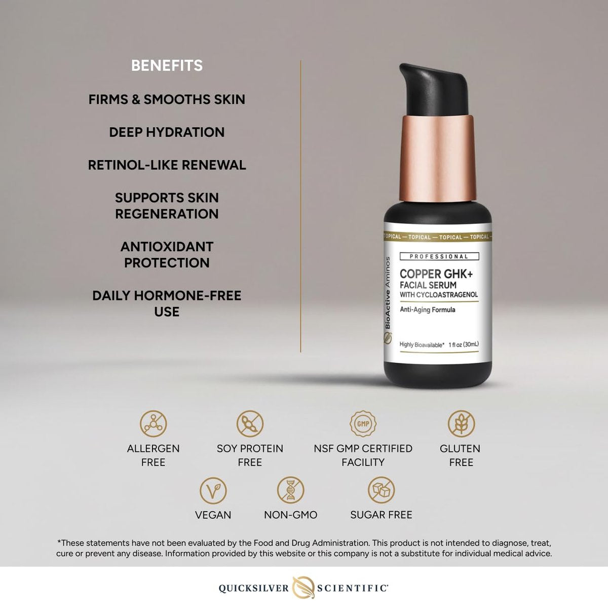 Quicksilver Scientific Copper GHK+ Facial Serum with Cycloastragenol – Copper Peptide Serum for Healthy Skin Support, Smooth Complexion & Glow – Gluten-Free, Vegan & Non-GMO – 1 fl oz Avelisse