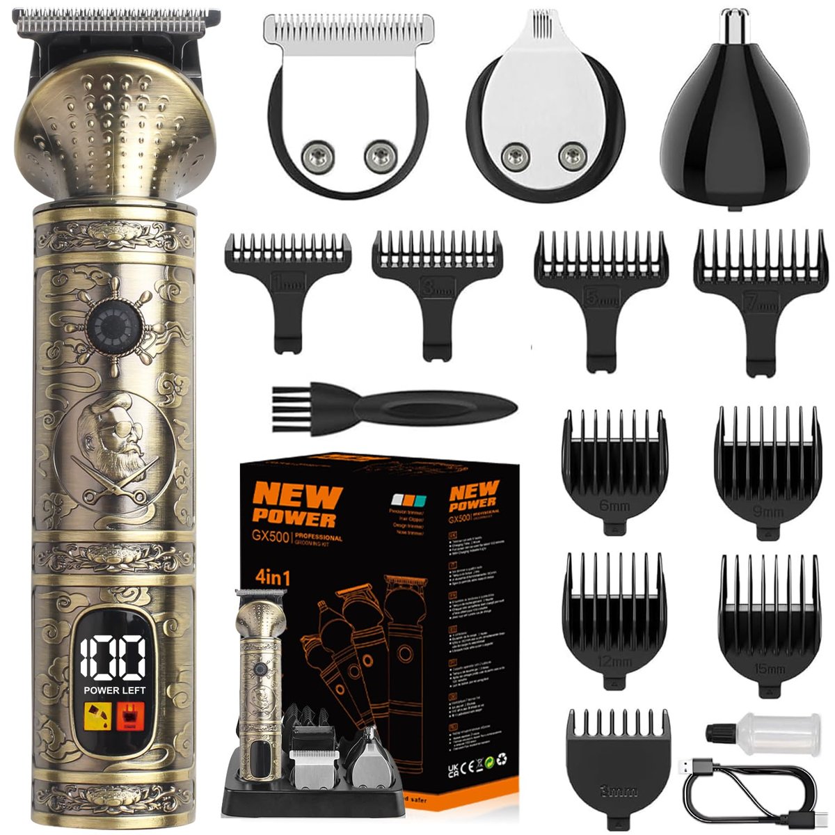 NuvaConx Professional Hair Clipper & Trimmer Kit – Zero Gapped T-Blade, Cordless Grooming Kit for Men (4 in 1, Bronze) Avelisse