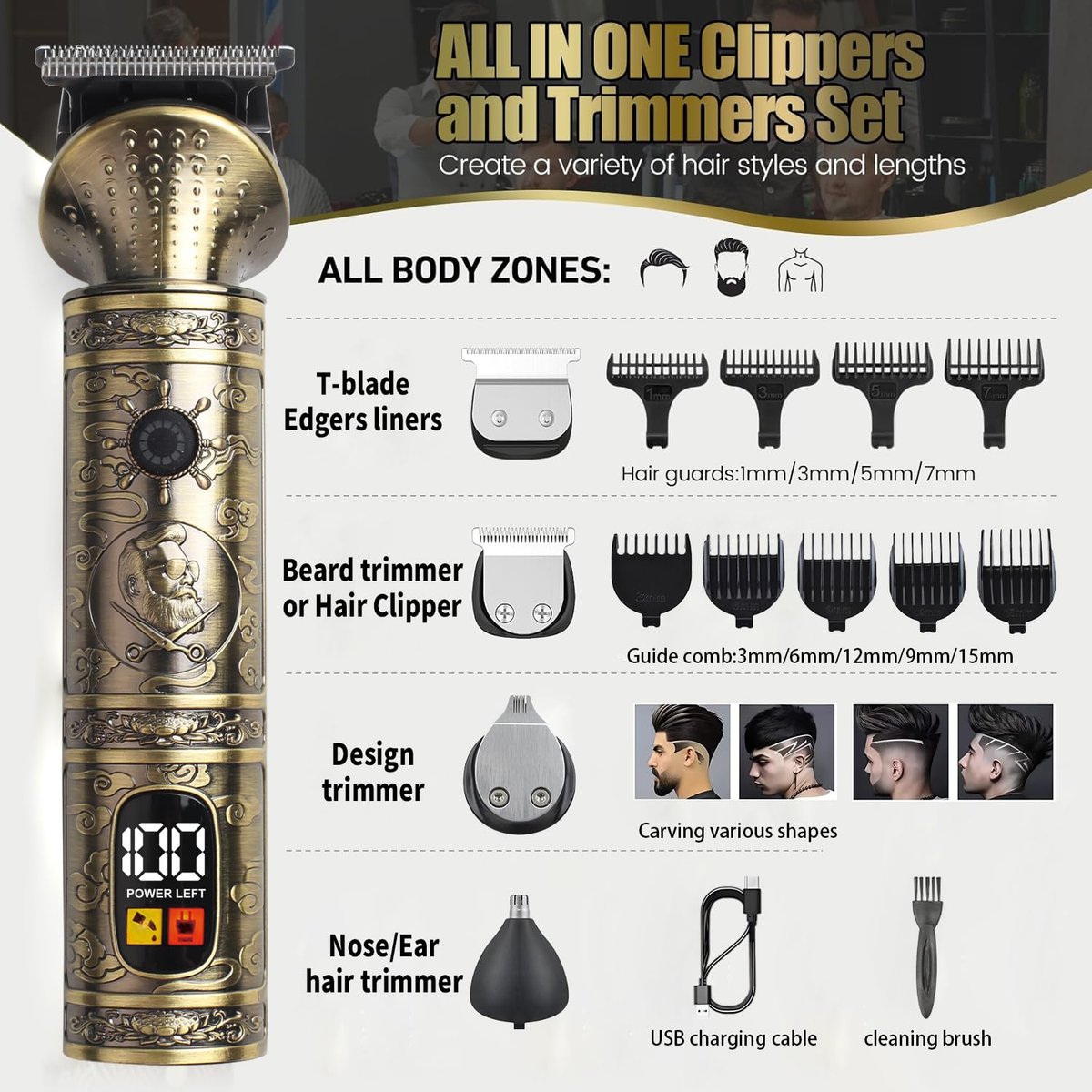 NuvaConx Professional Hair Clipper & Trimmer Kit – Zero Gapped T-Blade, Cordless Grooming Kit for Men (4 in 1, Bronze) Avelisse