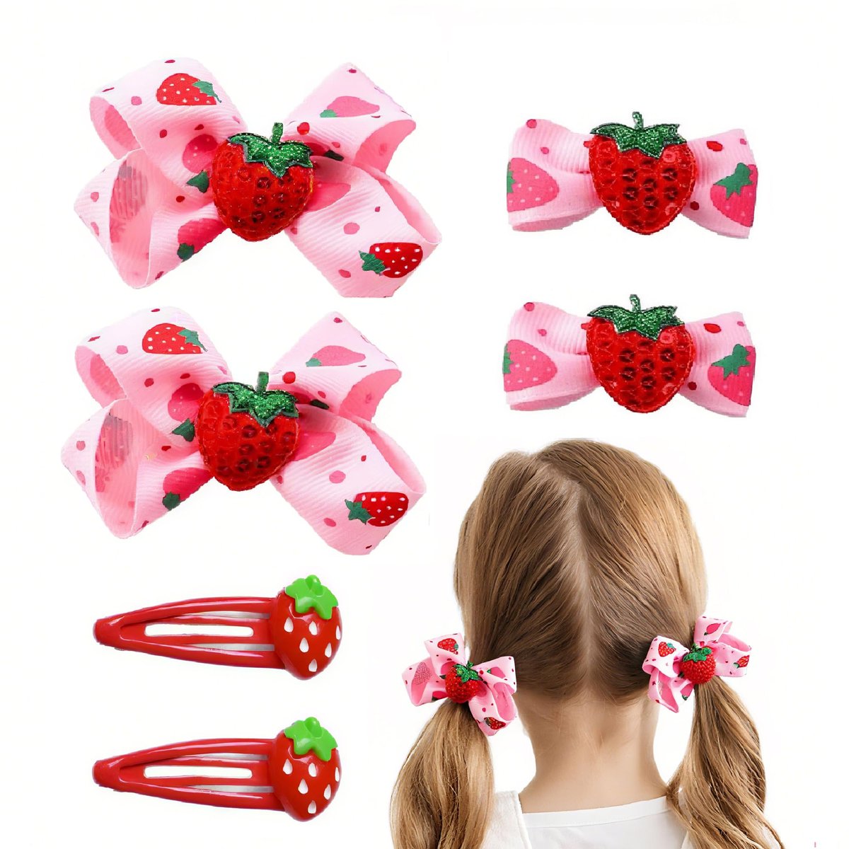 ZANWELL 6Pcs Kawaii Strawberry Hair Clips - Pink Fruit Hair Bows for Girls, Non-Slip Metal Barrettes for Daily & Party - görsel 1