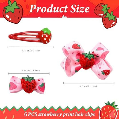 ZANWELL 6Pcs Kawaii Strawberry Hair Clips - Pink Fruit Hair Bows for Girls, Non-Slip Metal Barrettes for Daily & Party