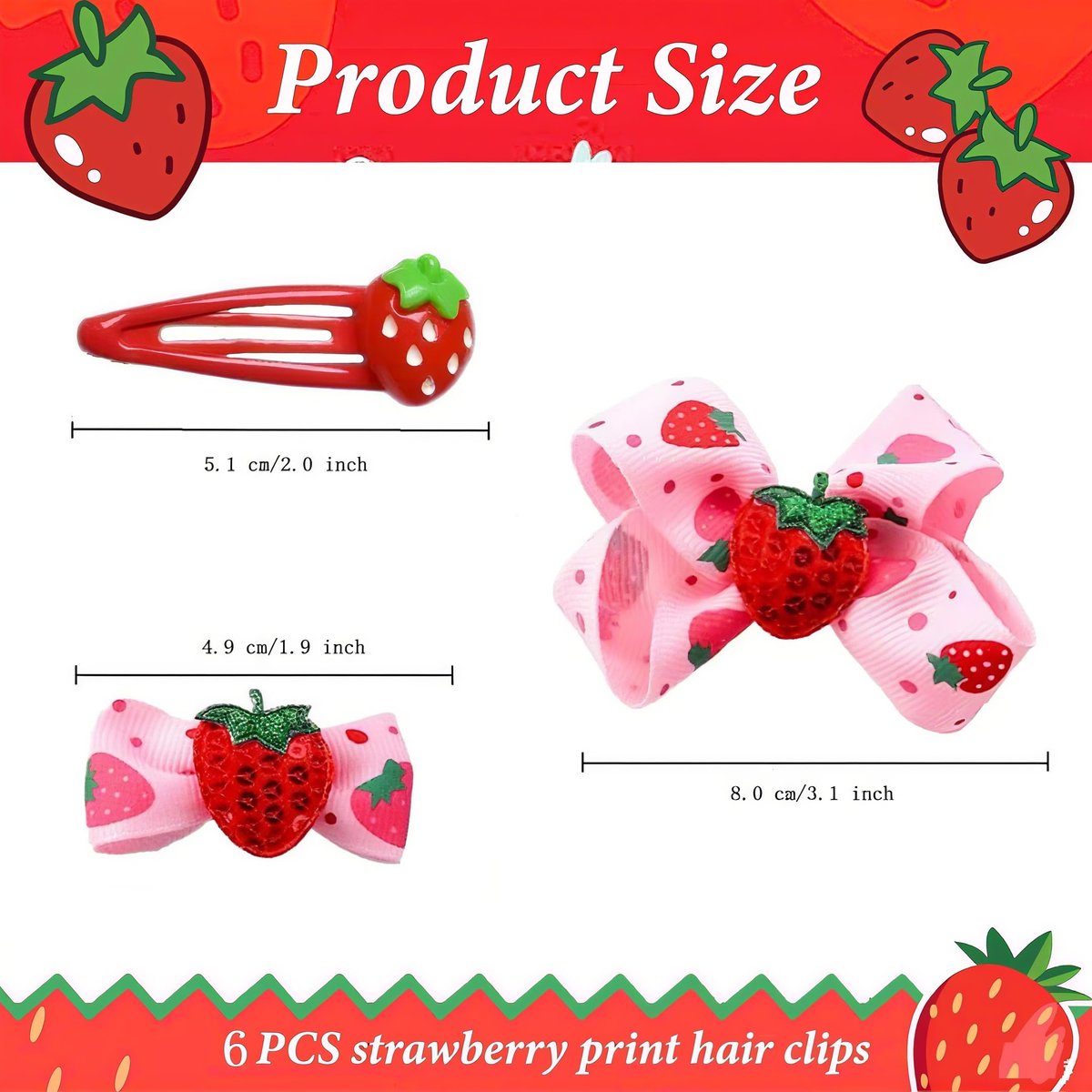ZANWELL 6Pcs Kawaii Strawberry Hair Clips - Pink Fruit Hair Bows for Girls, Non-Slip Metal Barrettes for Daily & Party - görsel 3