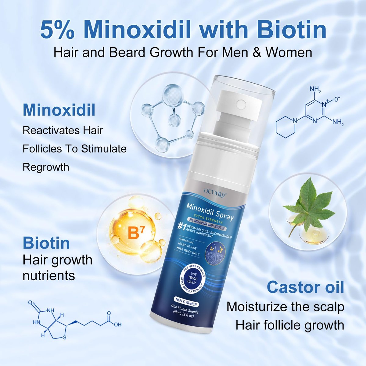 5% Minoxidil Extra Strength Hair Regrowth Spray for Men and Women - 7 Pack (60ml Each) | Thicker, Healthier Hair & Beard Growth Treatment Avelisse