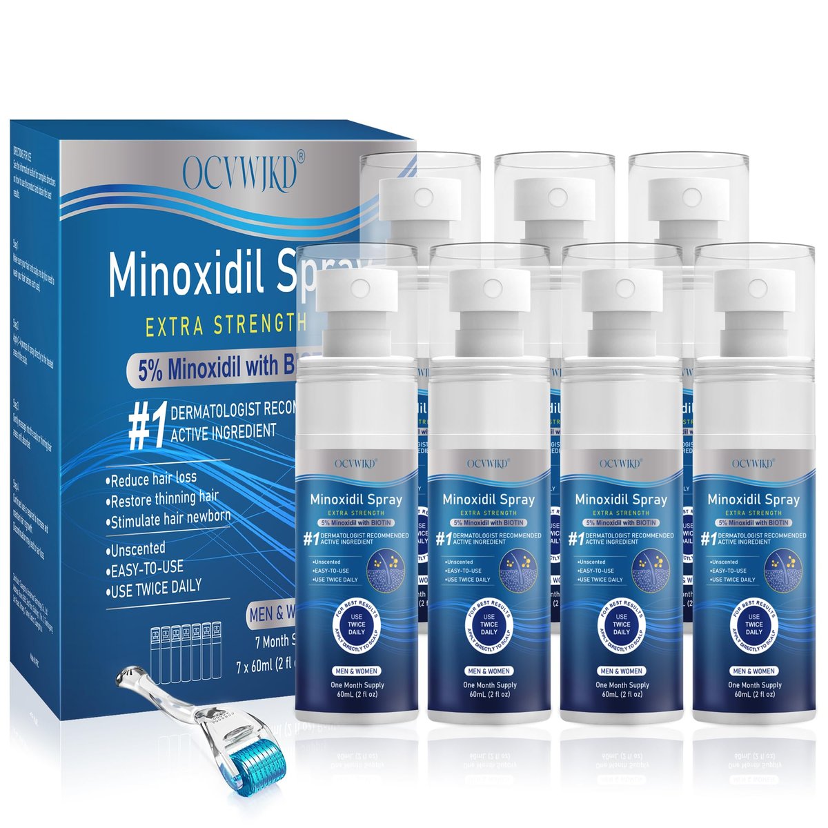 5% Minoxidil Extra Strength Hair Regrowth Spray for Men and Women - 7 Pack (60ml Each) | Thicker, Healthier Hair & Beard Growth Treatment Avelisse