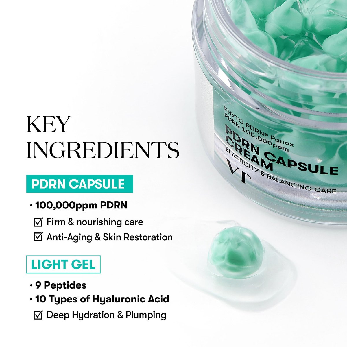 VT COSMETICS PDRN Capsule Cream 100 – Hydrating Face Moisturizer with 100,000ppm PDRN, Hyaluronic Acid & 9 Peptides, Firming & Plumping Korean Skin Care (1.69 fl oz) - görsel 5