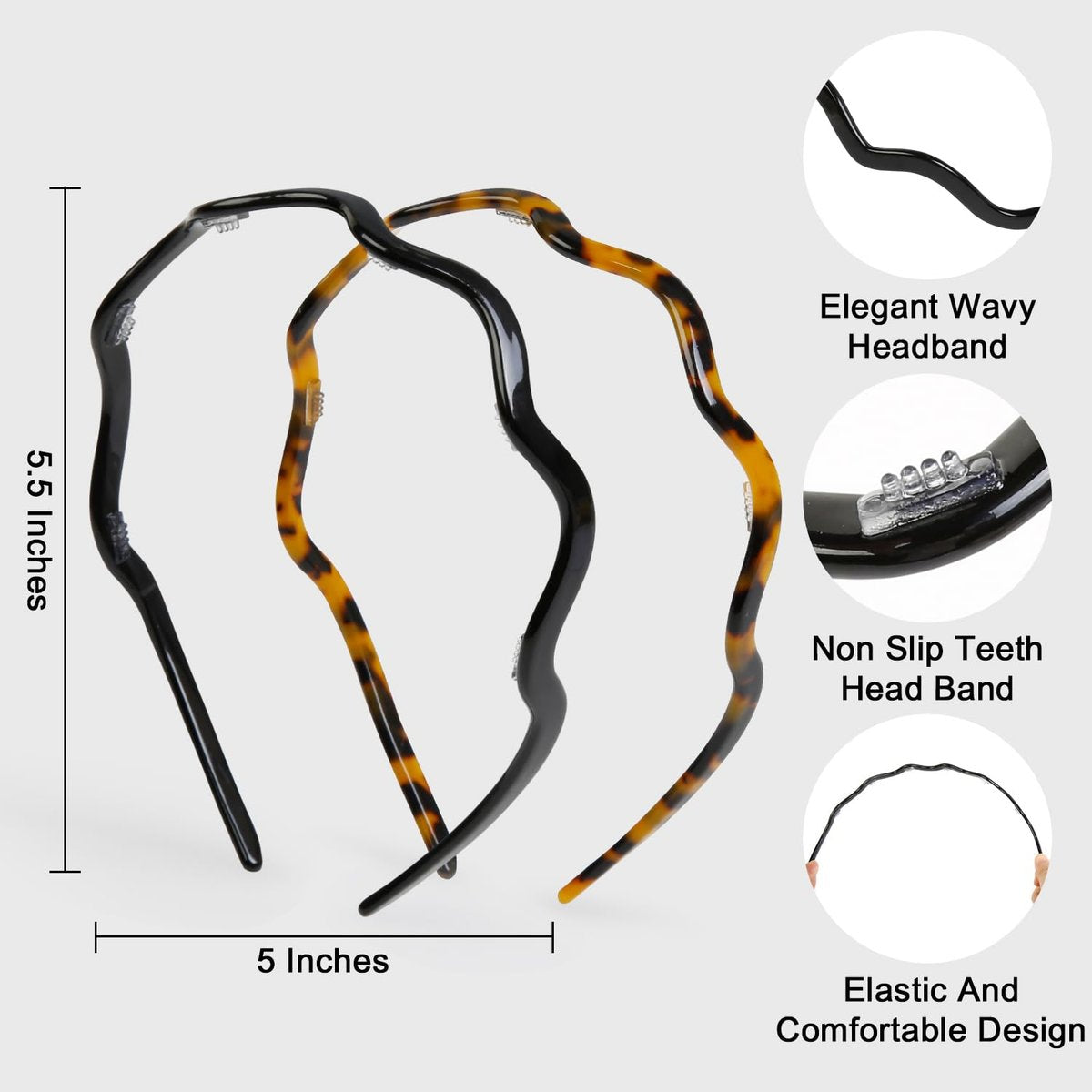 WOVOWOVO 2 Pack Wavy Headbands for Women - Comfortable Non-Slip Acetate Hair Bands with Teeth, Classic Black Tortoiseshell Hair Accessories - görsel 3