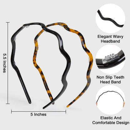 WOVOWOVO 2 Pack Wavy Headbands for Women - Comfortable Non-Slip Acetate Hair Bands with Teeth, Classic Black Tortoiseshell Hair Accessories