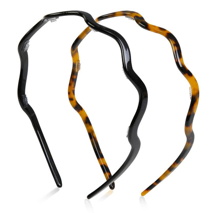 WOVOWOVO 2 Pack Wavy Headbands for Women - Comfortable Non-Slip Acetate Hair Bands with Teeth, Classic Black Tortoiseshell Hair Accessories
