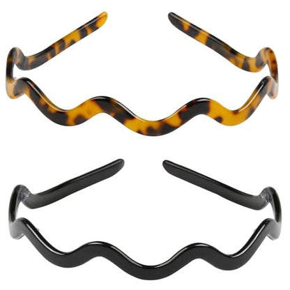 WOVOWOVO 2 Pack Wavy Headbands for Women - Comfortable Non-Slip Acetate Hair Bands with Teeth, Classic Black Tortoiseshell Hair Accessories