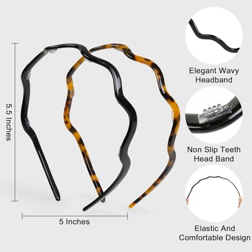 WOVOWOVO 2 Pack Wavy Headbands for Women - Comfortable Non-Slip Acetate Hair Bands with Teeth, Classic Black Tortoiseshell Hair Accessories - görsel 4