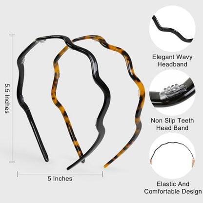 WOVOWOVO 2 Pack Wavy Headbands for Women - Comfortable Non-Slip Acetate Hair Bands with Teeth, Classic Black Tortoiseshell Hair Accessories