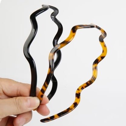 WOVOWOVO 2 Pack Wavy Headbands for Women - Comfortable Non-Slip Acetate Hair Bands with Teeth, Classic Black Tortoiseshell Hair Accessories