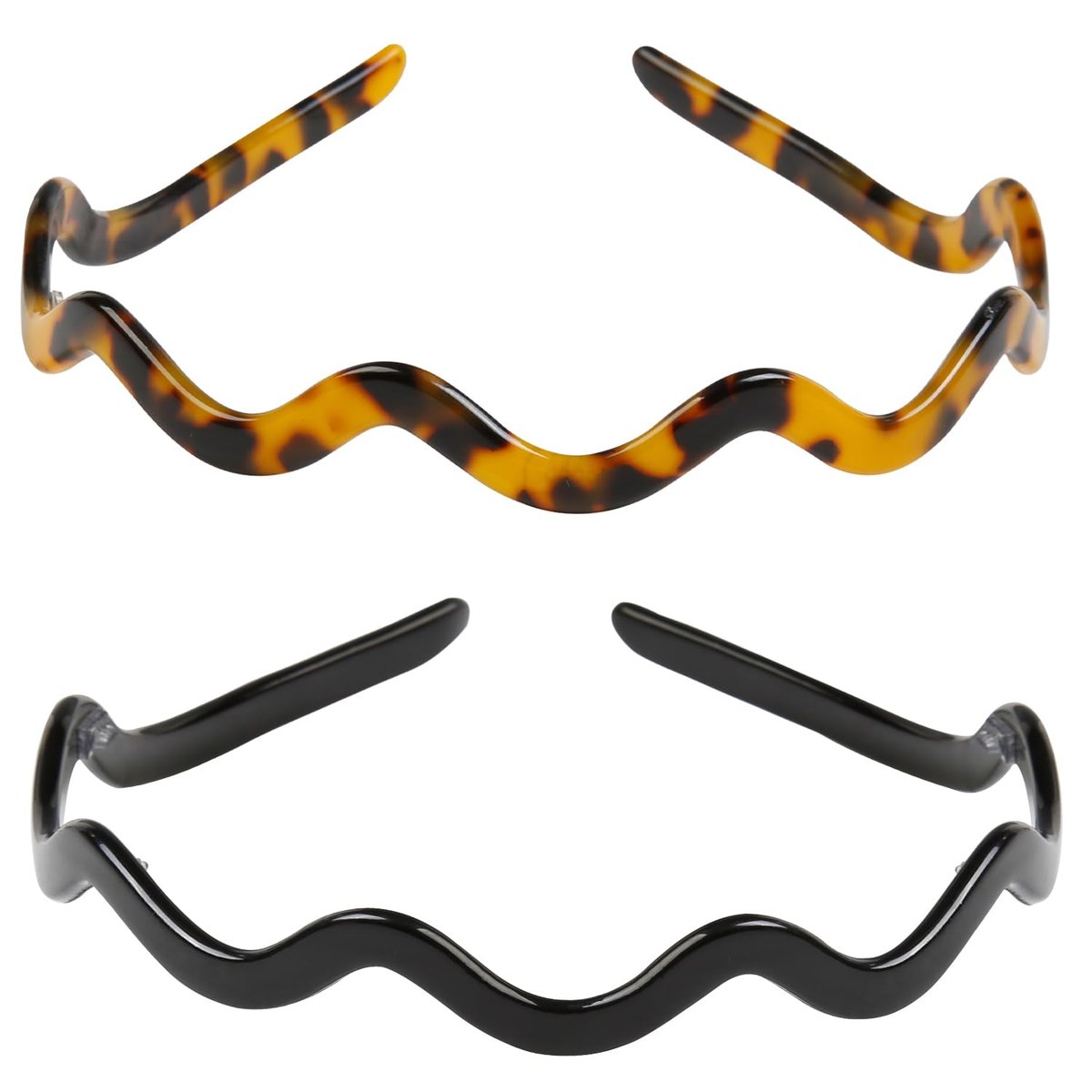 WOVOWOVO 2 Pack Wavy Headbands for Women - Comfortable Non-Slip Acetate Hair Bands with Teeth, Classic Black Tortoiseshell Hair Accessories - görsel 1