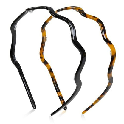 WOVOWOVO 2 Pack Wavy Headbands for Women - Comfortable Non-Slip Acetate Hair Bands with Teeth, Classic Black Tortoiseshell Hair Accessories