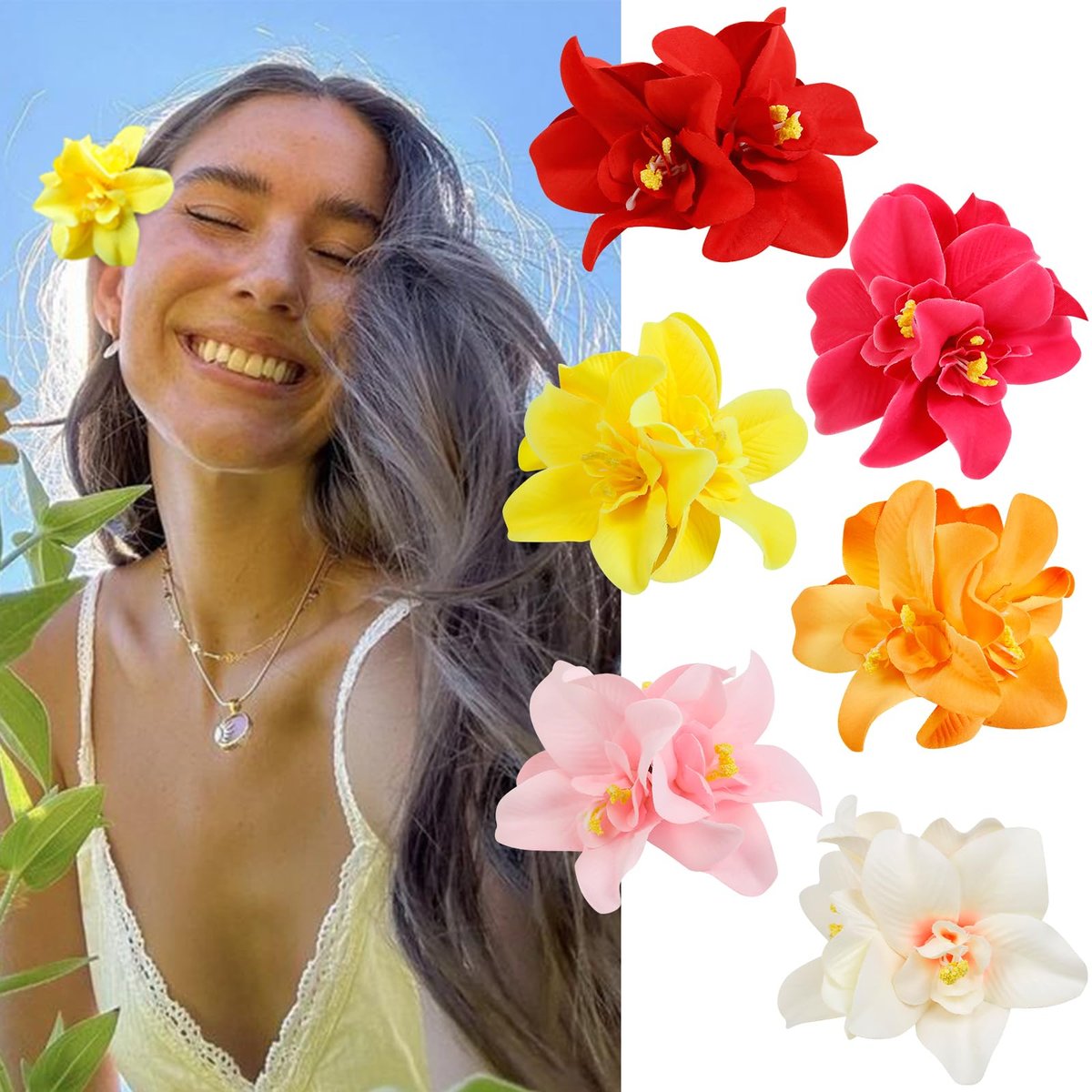 6-Pack Hawaiian Flower Hair Clips for Women - Tropical Bohemia Beach Party Hair Accessories - görsel 1