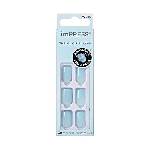 KISS imPRESS Press-On Manicure Fake Nails - Cloud Blue, Short Length, Squoval Shape, Solid Color, 30 Count Avelisse